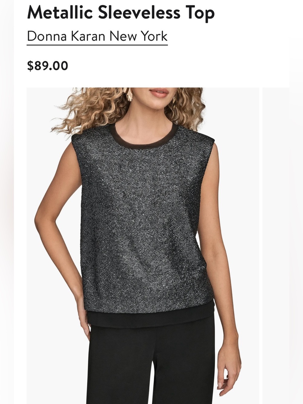 Donna Karan New York metallic sleeveless shimmer top with chiffon trim. Small.